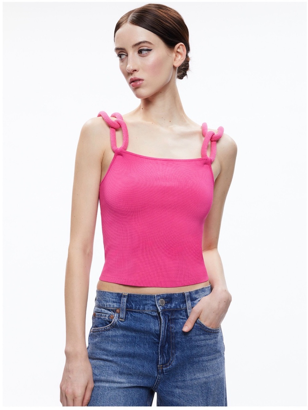 Alice + Olivia Gretel Candy Pink Knot-Strap Ribbed Crop Tank Top